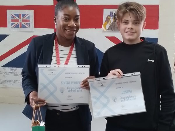 Melrose Awards 2023 – Inspirational Teaching Assistant of the year, from TLC school, Simone and Inspirational Learner for Friendship, J, show off their awards.