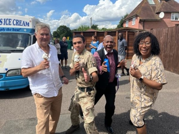 TLC Staff and Bombardier Allan enjoy an end-of-term ice-cream at the Special Educational Needs school in Bromley.