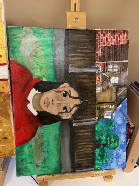 GCSE Art learner work showing creative responses to portrait artists studied, including modern and abstract approaches.