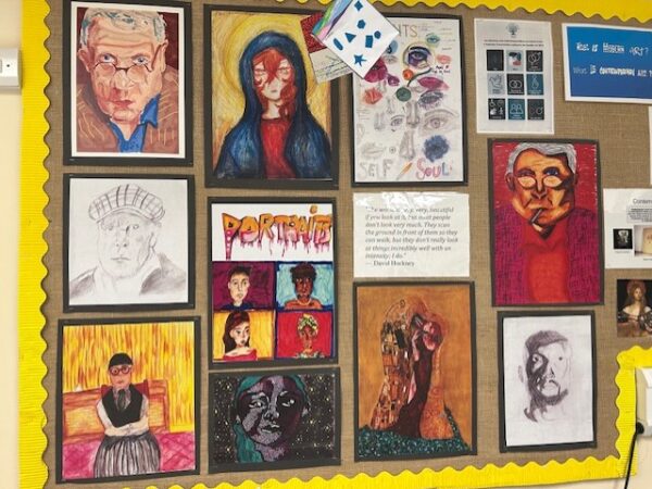 Learners’ original portrait work created as part of their GCSE Art studies, influenced by a visit to the National Portrait Gallery.
