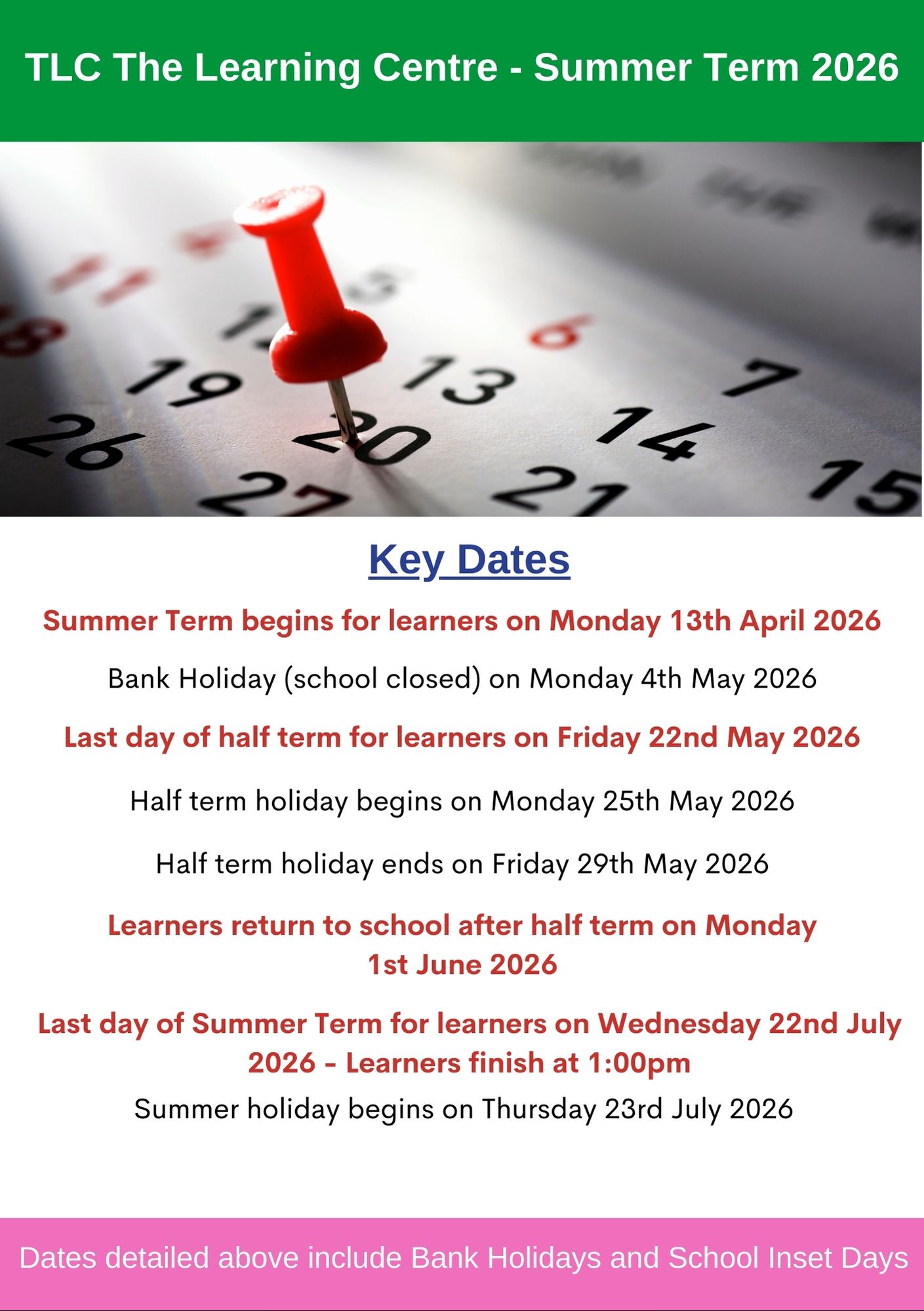 The School Day and Term Dates - The Learning Centre | TLC